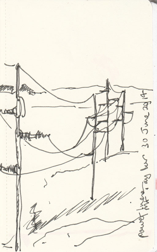 Powerlines on Mt Taylor, pen and ink, 30 June 2014.